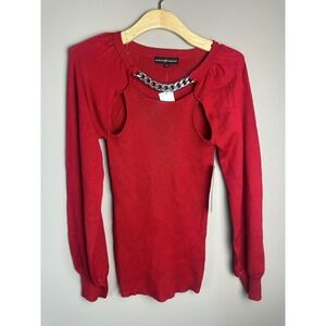Almost Famous Red Ribbed Knit Cold Shoulder Chain Neck Sweater Top Womens 1X NEW